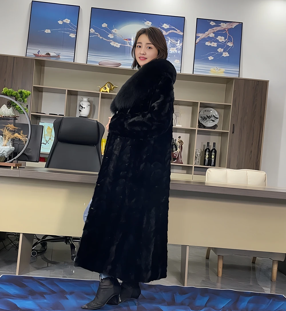 2024 겨울 여성 진짜 천연 밍크 모피 코트, 여우 모피 칼라 패션, 두껍고 따뜻한 X-롱 재킷, 럭셔리 겉옷, 여성 코트