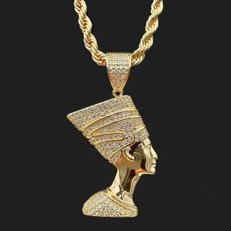 Men's necklace plated with 18k gold zircon, Egyptian pharaoh statue, hip-hop rock fashion jewelry, party accessories