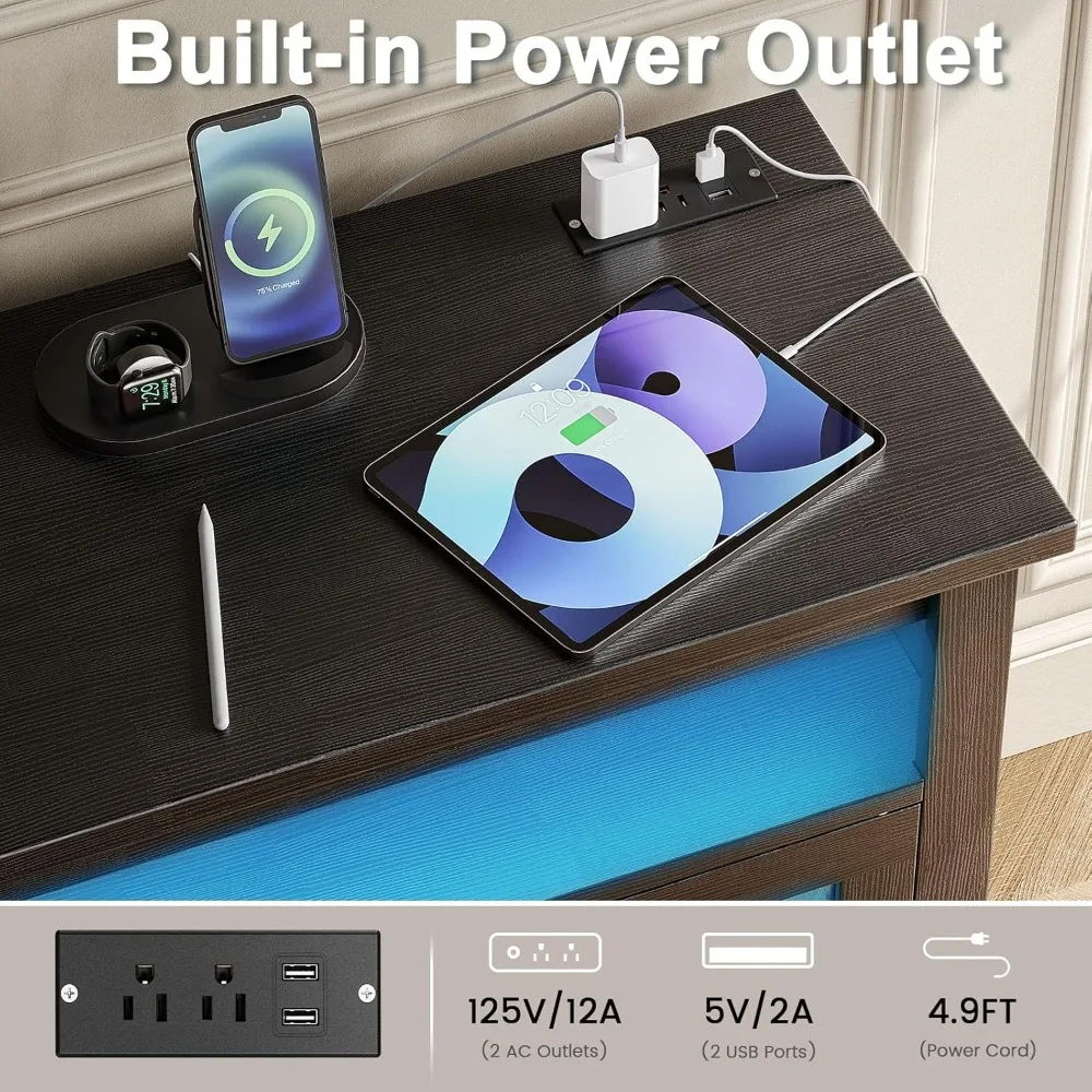 Suporte de TV para TV de 65 polegadas com tomada de energia e luz LED, armário de TV moderno de meados do século de 28,7 polegadas de altura com prateleiras ajustáveis e