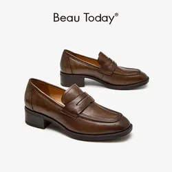 BeauToday Pumps Women Cow Leather Square Toe Loafers Thick Heel Office Lady Penny Shoes Handmade 26027