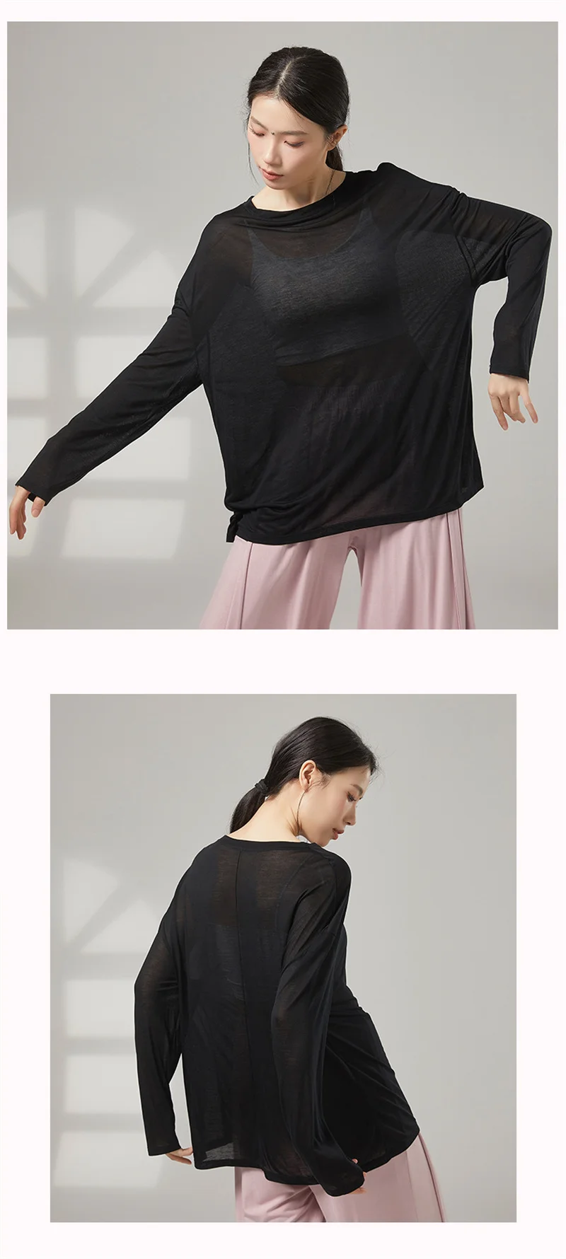 Damen Lockeres Jazz-Tanz-Überwurfshirt Langarm T-Shirt Atmungsaktiv Weich Lässig Modern Klassischer Tanz Übungs-Streetdance-Oberteil – Detail 8