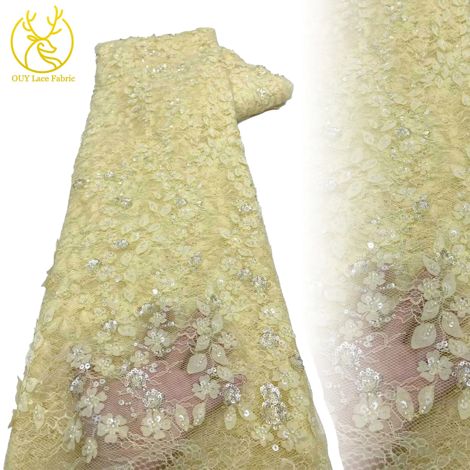 

2025 африканская сетчатая кружевная ткань с блестками, 5 ярдов, желтое французское кружево с бисером, нигерийский тюль, кружевная ткань для свадебного платья