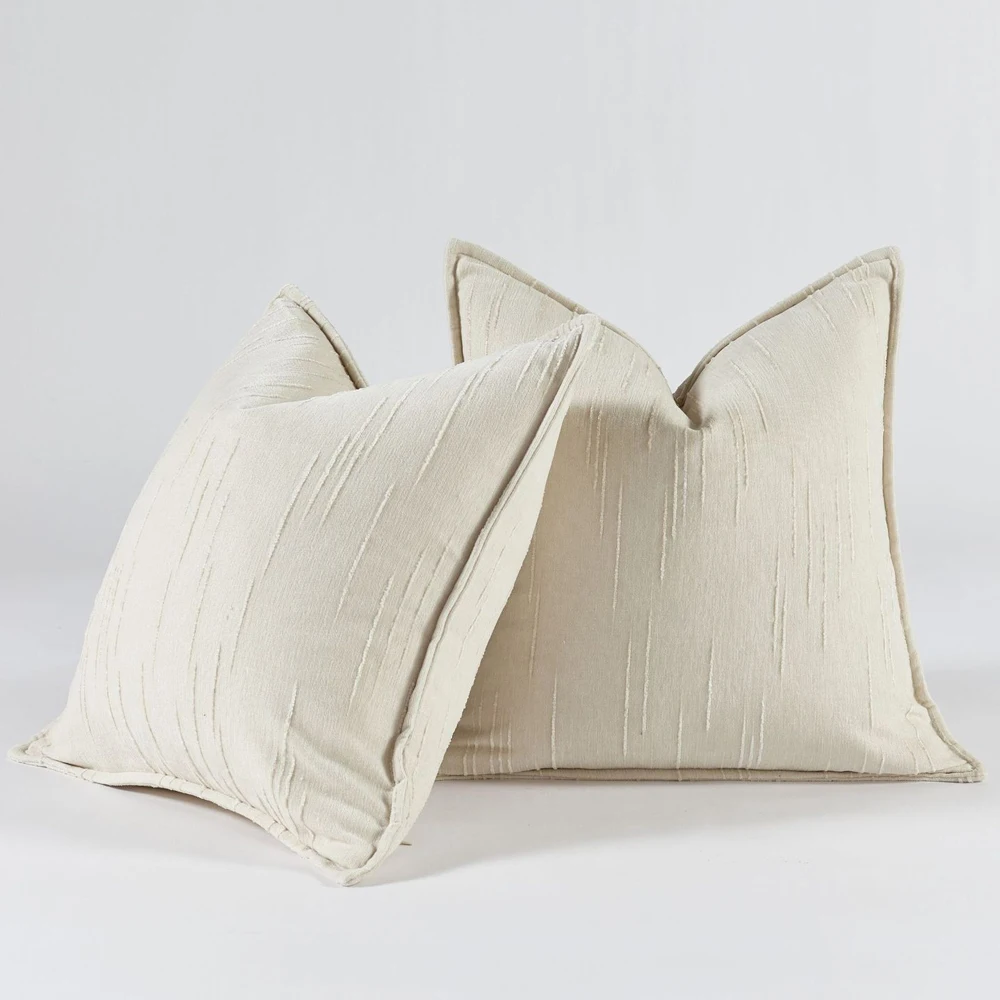 Set of 2 Pcs Soft Textured Edge Pressing ProcessThrow Pillowcase Chenille Beige White Cushion Cover