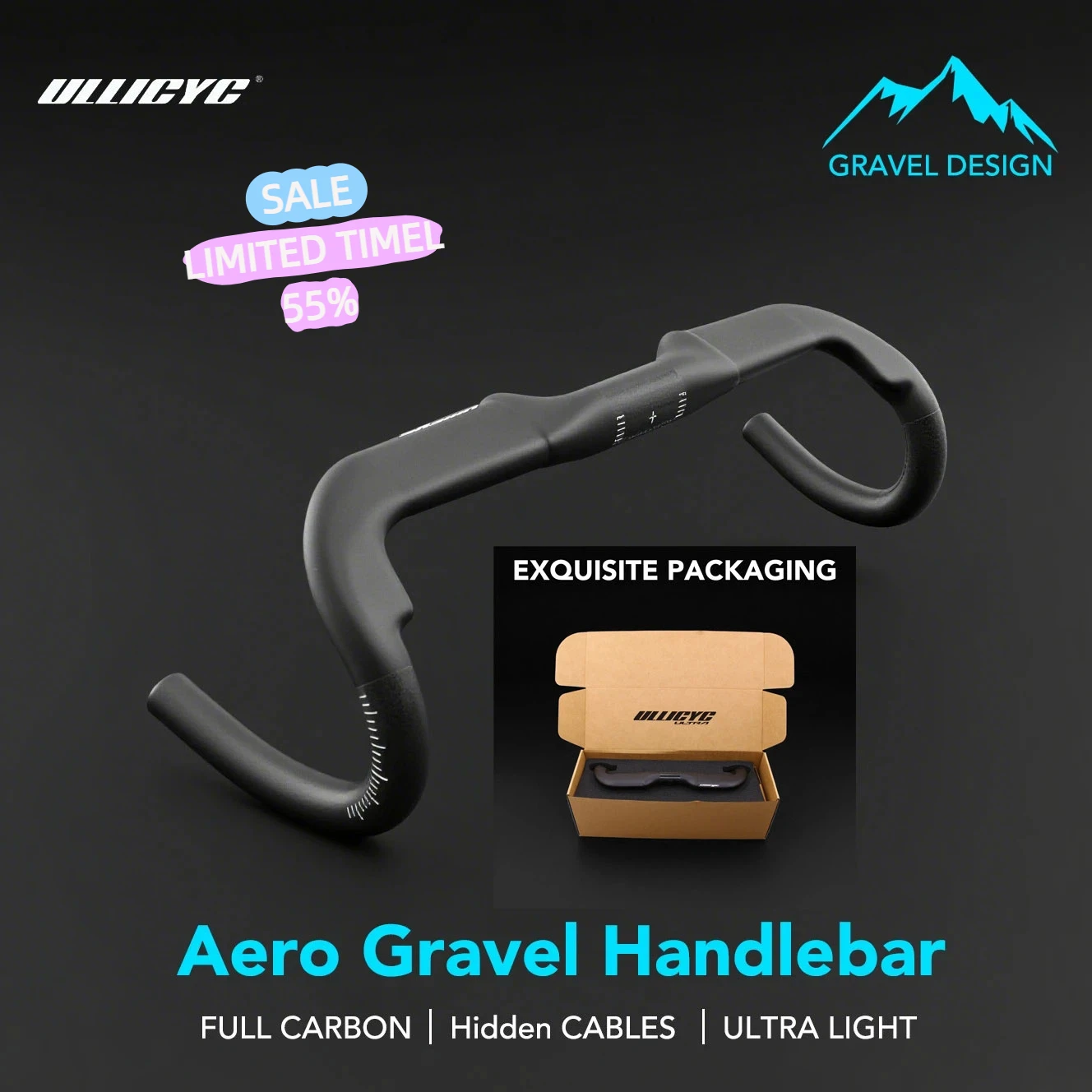 

ULLICYC T1000 Aero Gravel Handlebar 340mm/360mm/380mmBlack Matt Half Internal Routing Road Bicycle Gravel HandleBar Cyclocross