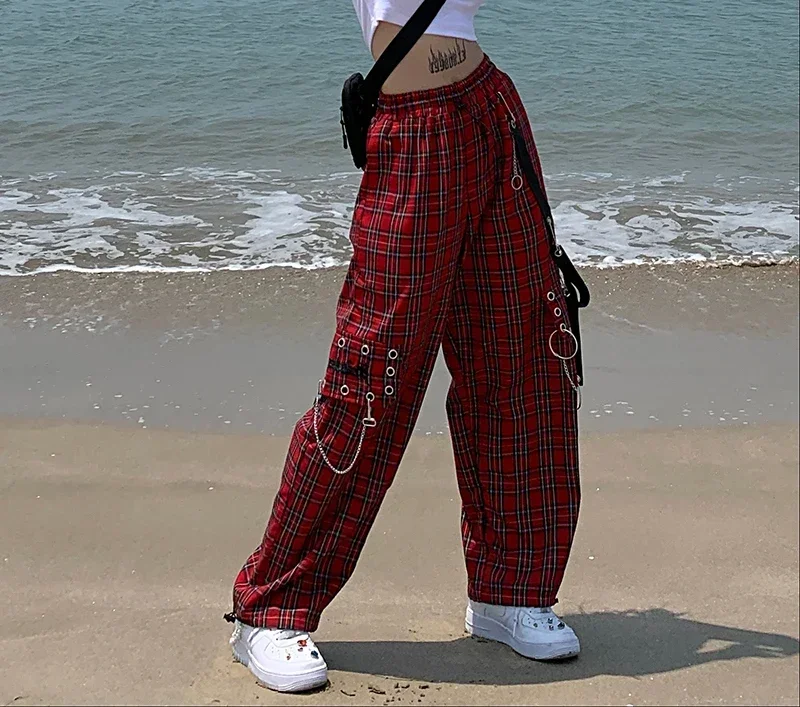 Red Plaid Pants Classic Retro All-match Casual High Street Fashionable Cool Confident Youth Hip-hop Women Autumn Straight Leg