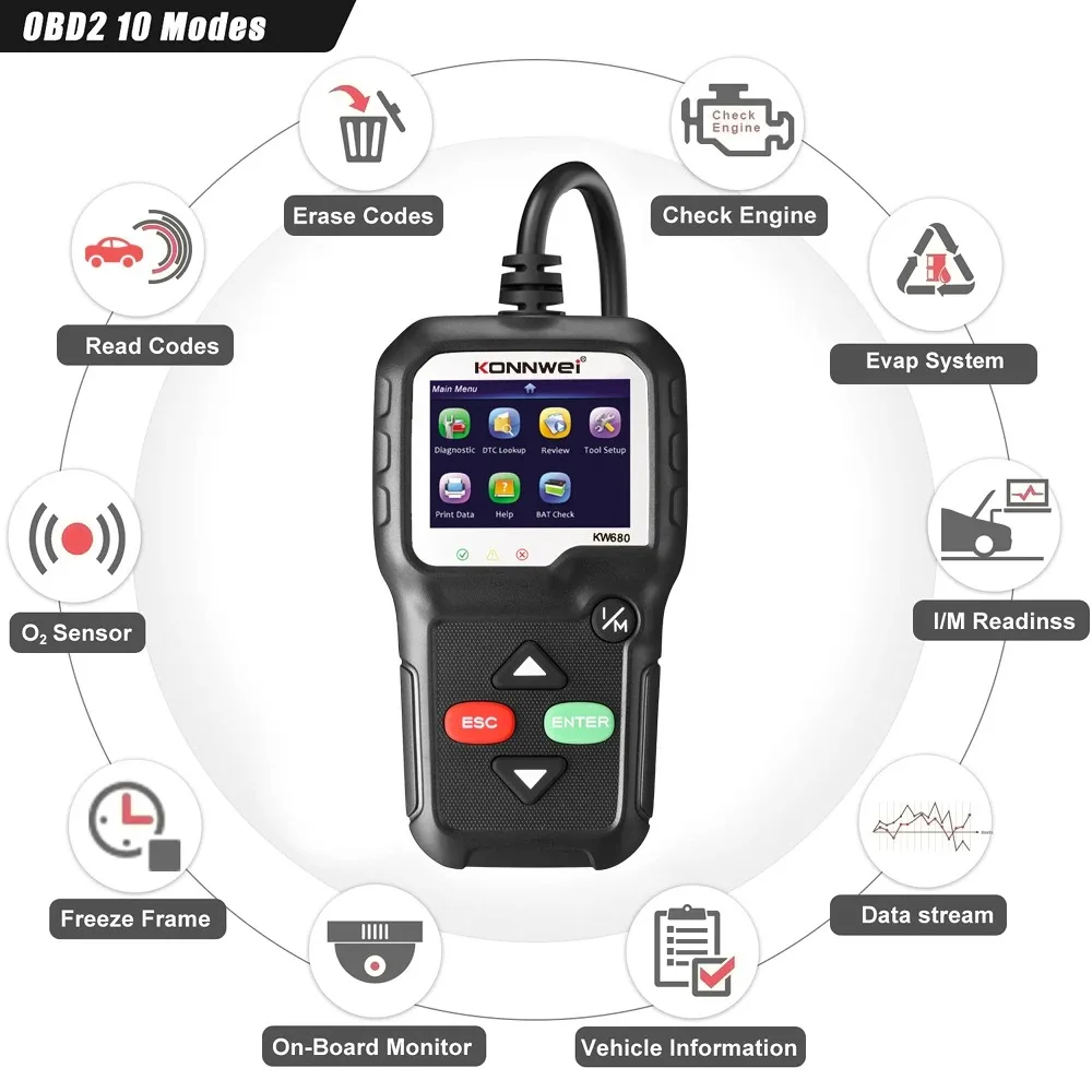 2026 KONNWEI KW680 Car OBD2 Fault Scanner Diagnostic Tools DTC Lookup I/M Readiness Read&Cllear Diagnostic Code Readerpk ELM327