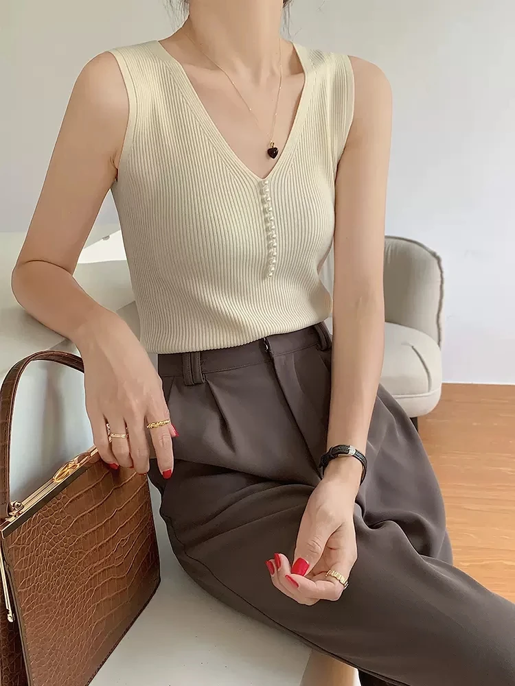 Women Summer Tops Viscose Knit Tank Top Fitness Sexy Sleeveless Pearl Buttoned T Shirt Elegant Lady Bottoming Tees A-001