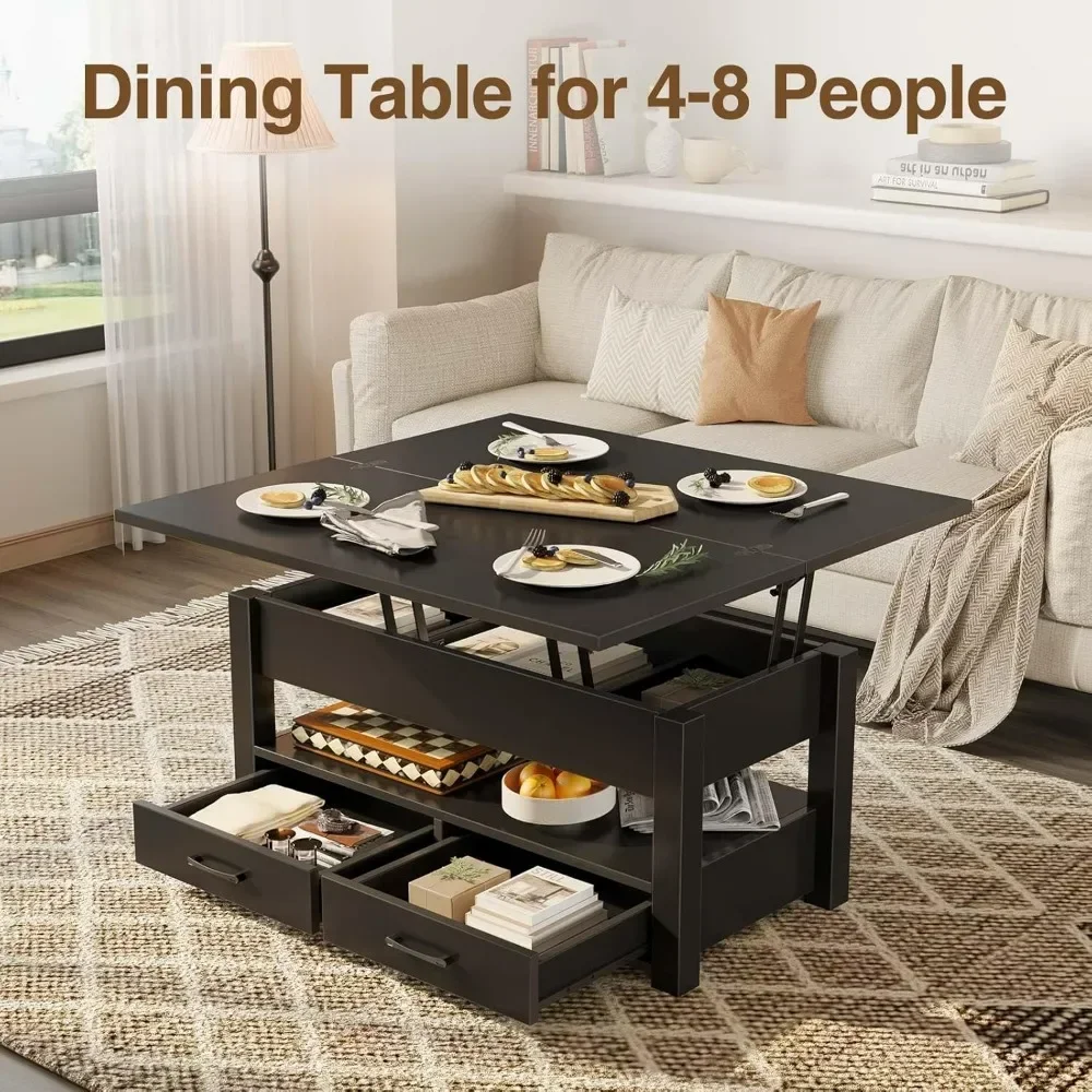 Coffee Table Lift Top, Multi-Function Convertible Table with Drawers and Hidden Compartment, Converts to Dining Table