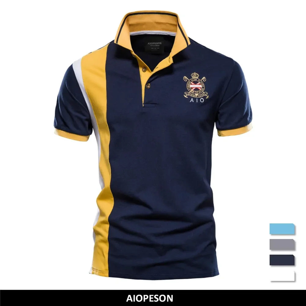 AIOPESON Men's 100% Cotton Badge Embroidery Polo Shirt- Short-sleeved Patchwork Polos for Quality Summer Style