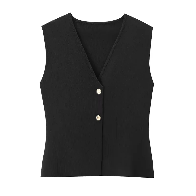 TRAF 2024 Female Vest Cropped Sleeveless Knitted Vest Woman Elegant Slim Sweater Vests For Women Knit Black Vest Short Coats