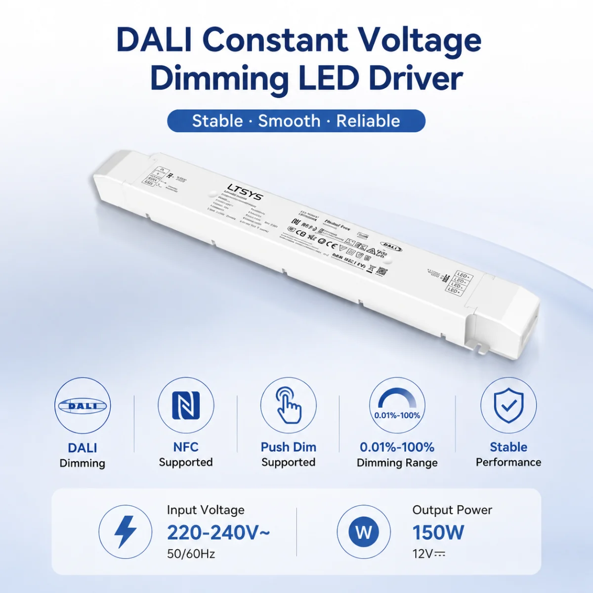 

LTSYS DALI Dimming Driver,200V-240V AC To DC 12V 24V 240W 150W 100W 75W NFC CV DALI-2 LED Driver Push Dim CCT Power Transformer