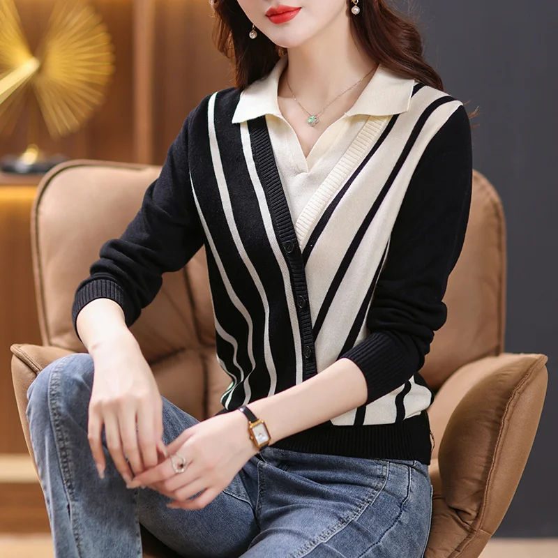 Women Sweater Pullover New Autumn Striped Long Sleeve Loose Short Fake Two Piece Bottom Shirt Casual Knit Sweater Female  Jumper