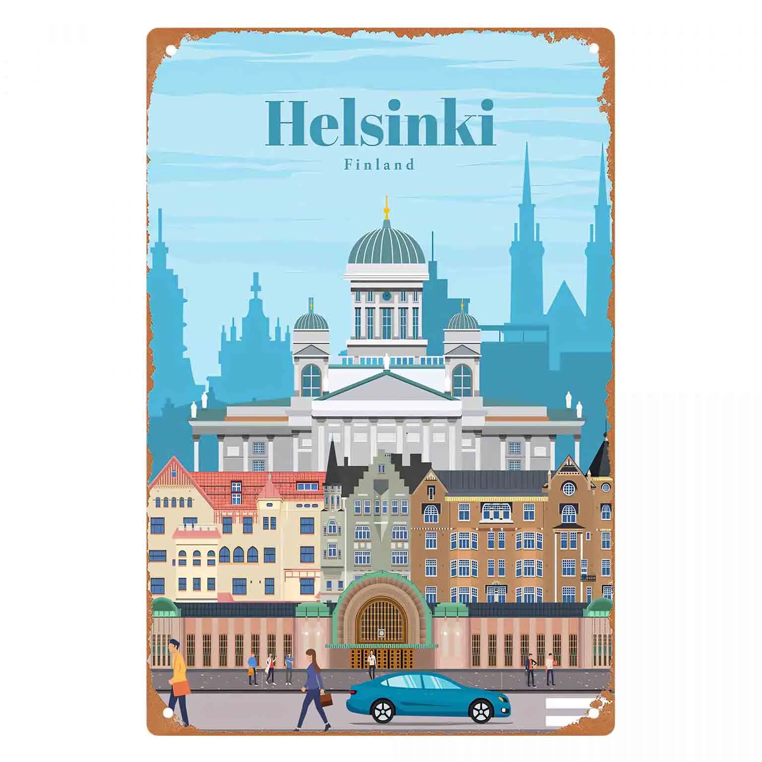 2D FLAT 1pc Helsinki Finland City Illustration Metal Wall Sign Decoration for Home Cafe Garage Bedroom Porch And Garden
