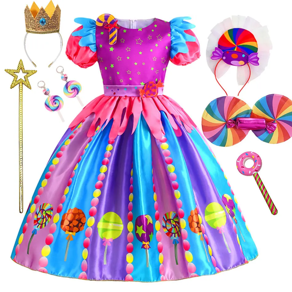 

2023 Girl Candy Dress Sweet Lollipop Print Dresses Party Christmas Carnival Costume Children Rainbow Birthday Clothes 3-12 Years