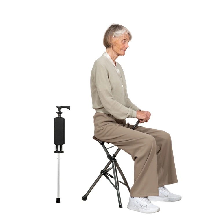 Aluminum Alloy Portable Folding Rattan Chair Cane with Seat Elderly Crutch Chair
