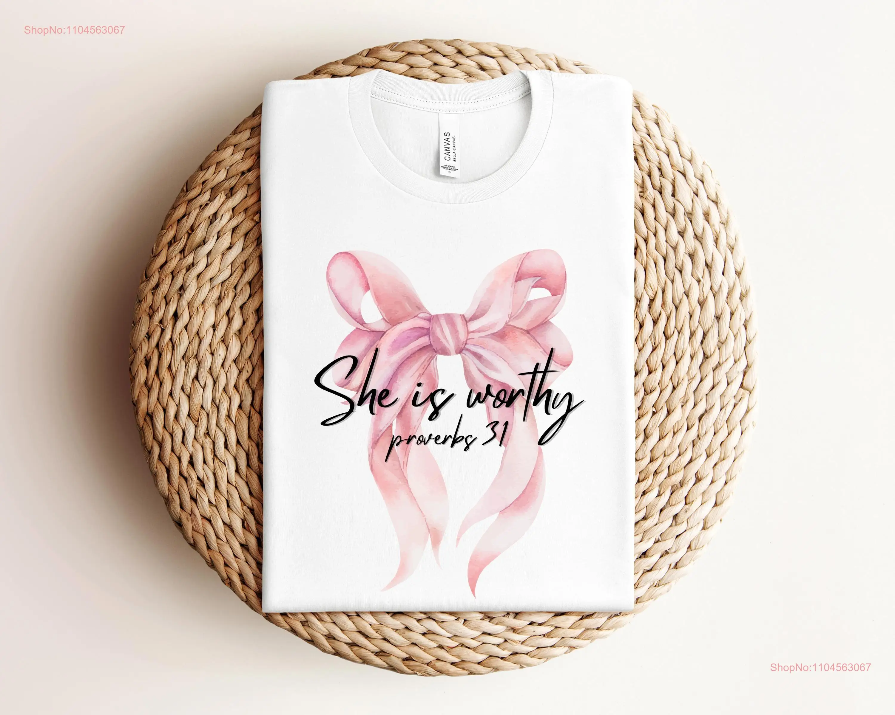 She is Worthy Bow T Shirt Women Christian Cute Coquette Girly Faith Trendy Religious Valentine long or short sleeves