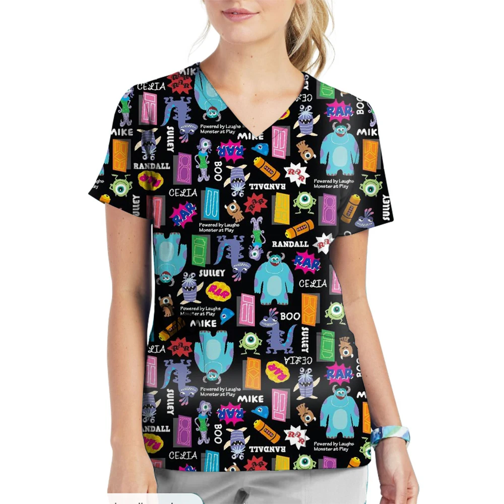 Women's Surgical Uniforms Medical Product Disney Toy Story print V Neck Scrub Tops Elegant Short Sleeve Pocket Design Nurse Unif