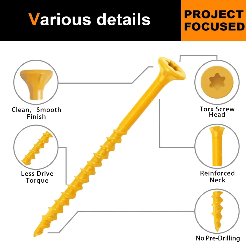 VKKM #8 Yellow Torx Wood Screws, 500Pcs – Coarse Thread, Zinc Plated, Rust-Resistant for Furniture, Cabinets & DIY Projects