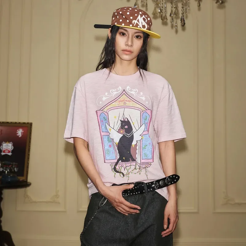 Vintage Women Angel Cat Print Short Sleeve T Shirt Spring Summer Loose Daily Casual Tees S-XXL
