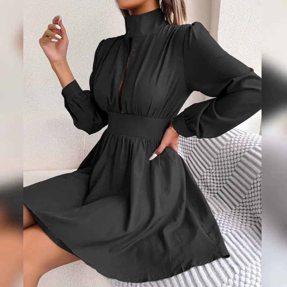 

Spring Mini Dress Elegant High Collar Long Sleeve A-line Mini Dress for Women Solid Color Tight High Waist Party Dress