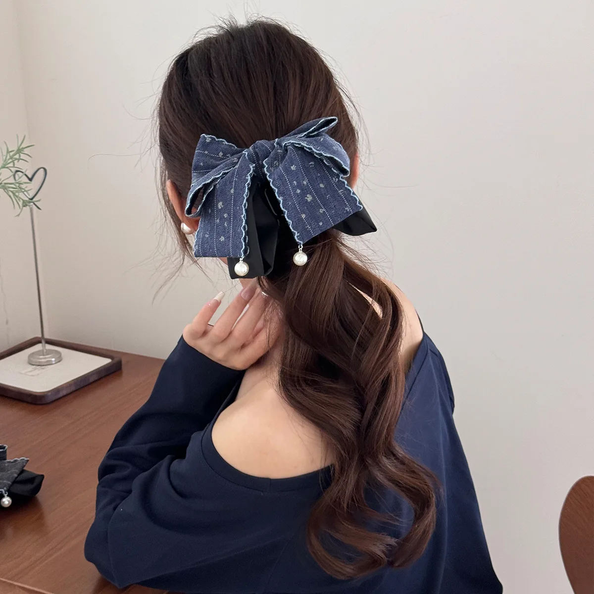 French Style Sweet Girls Ponytail Top Gray Bow with Floral Patterns Back Head Ponytail Clip Women Girls Hair Styling Accessories