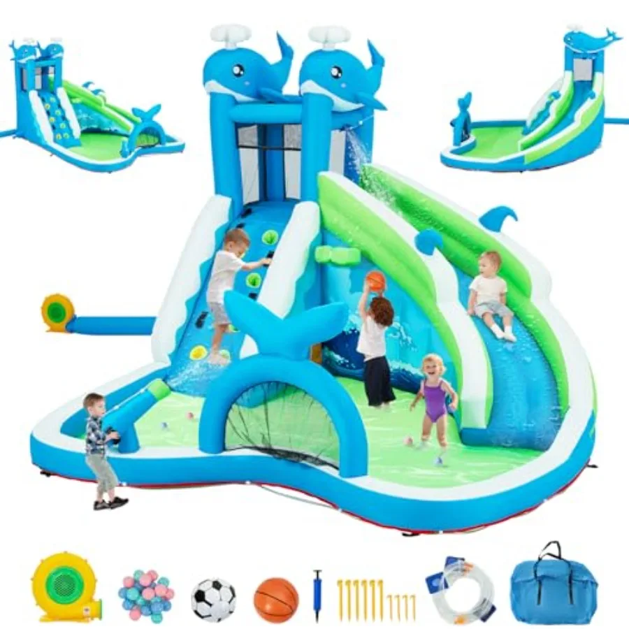 

Надувная водная горка Whale 12x12.5 футов, 6-в-1: батут-замок Whale для улицы с водной пушкой, скалодромом и баскетбольным кольцом, для детей 3-10 лет