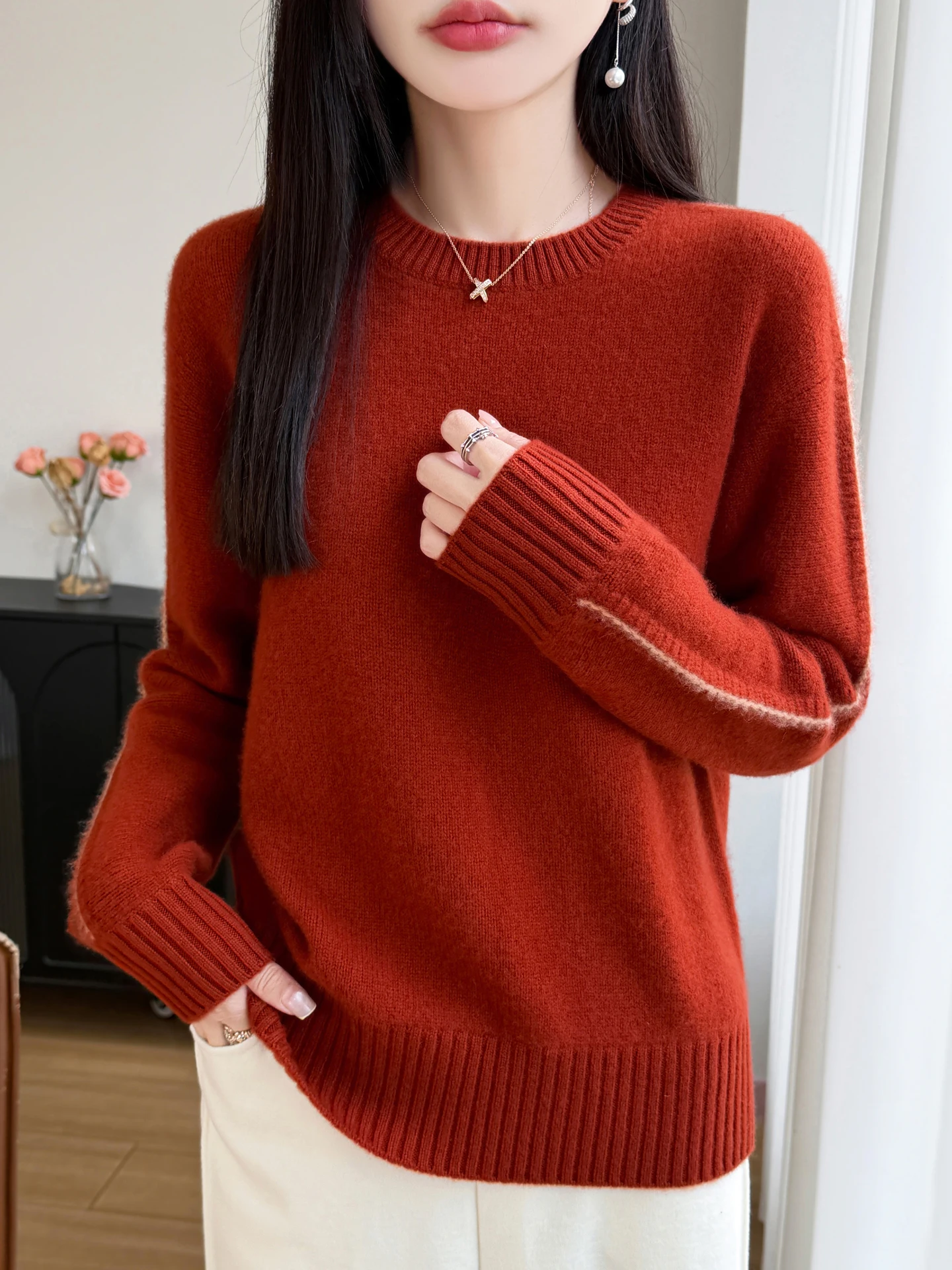 100% Merino Wool Wmen's Round Neck Contrasting Lines Autumn Winter Thick Casual Fashion Cashmere Knit Sweater