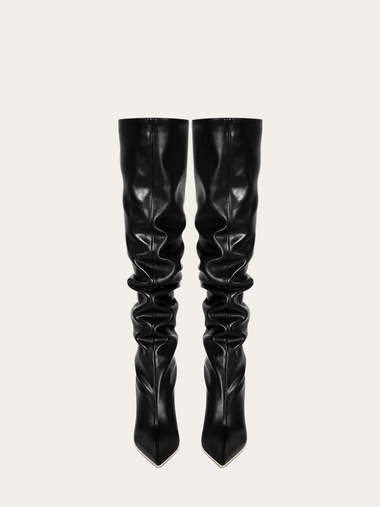 Women Knee High Boots Pointed Toe Matte Black Leather Stacked Fold Chunky Heel Boots