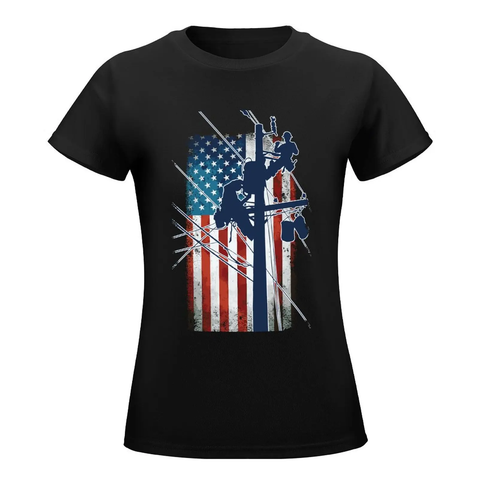 Gift For Lineman - Lineman with American Flag Shirt T-Shirt shirts graphic tees cute clothes oversized workout shirts for Women