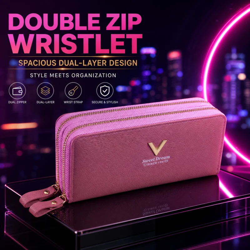 Damen-Geldbörse mit großem Fassungsvermögen, zwei Reißverschlüssen, lange Clutch-Geldbörse, einfache doppellagige Handytasche mit hoher Kapazität