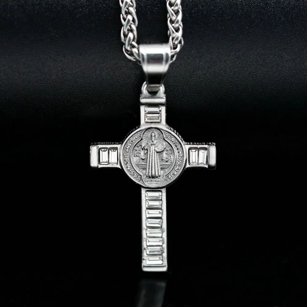 Fashion Exorcism Cross Pendant Stainless Steel with Diamond And Square Zirconia Religious Jewelry