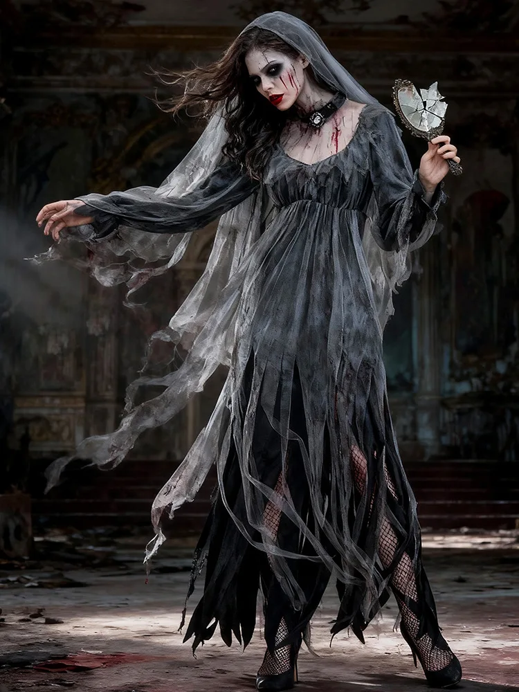 

Gothic Ghost Bride Ensemble - Victorian Vampire Witch Dress with Tattered Veil & Cape, Horror Zombie Cosplay Costume