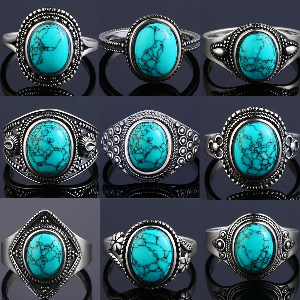 Vintage S925 Sterling Silver Ring Natural Turquoise Rings Luxury Jewelry Party Anniversary Birthday Gift for Women Man