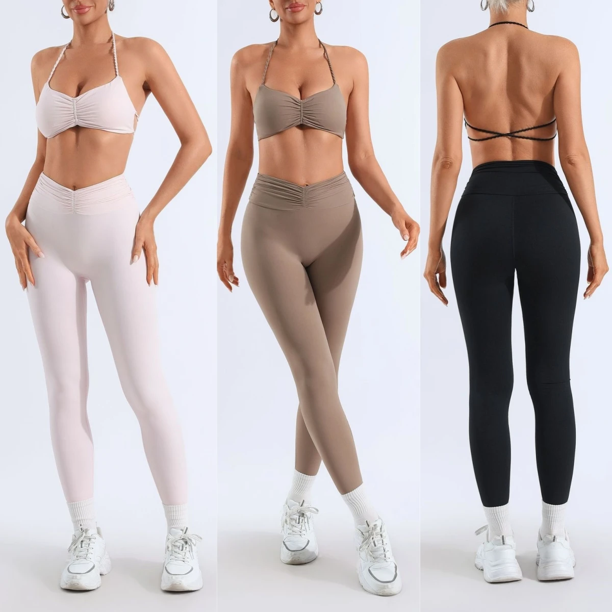 Women 2 PCS Yoga Set Twist Front Halter Sports Bra Cross Back High Waist Scrunch Butt Leggings Soft Nude Feel Gym Workout Outfit