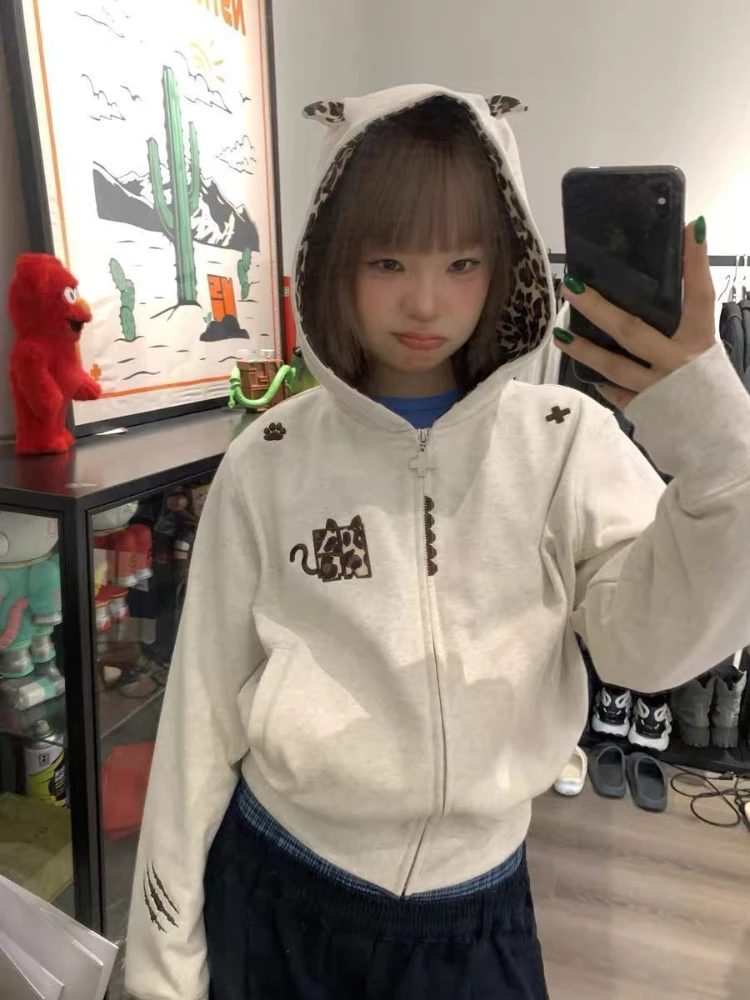

Deeptown Kawaii Zip Up Hoodies Women Japanese Style Vintage Leopard Print Sweatshirts Oversized Cute Embroidered Bunny Hoodies