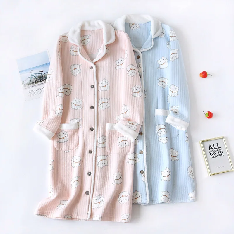 

Autumn Winter Women's Nightgown Fur Collar Long-sleeved Cardigan Padded Sleepwear Long Nightgown Loose Sleep Shirts