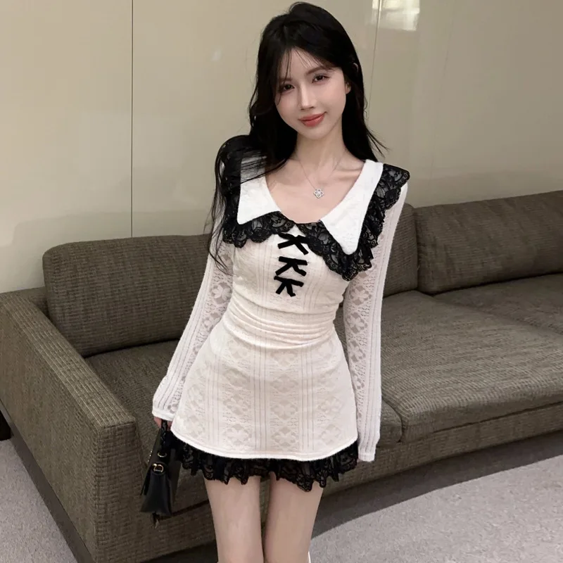 

Pure Desire Sle Long Sve Кружевное облегающее платье Dr Женская трикотажная ткань с высокой талией Ультратонкая молодежная зимняя мода