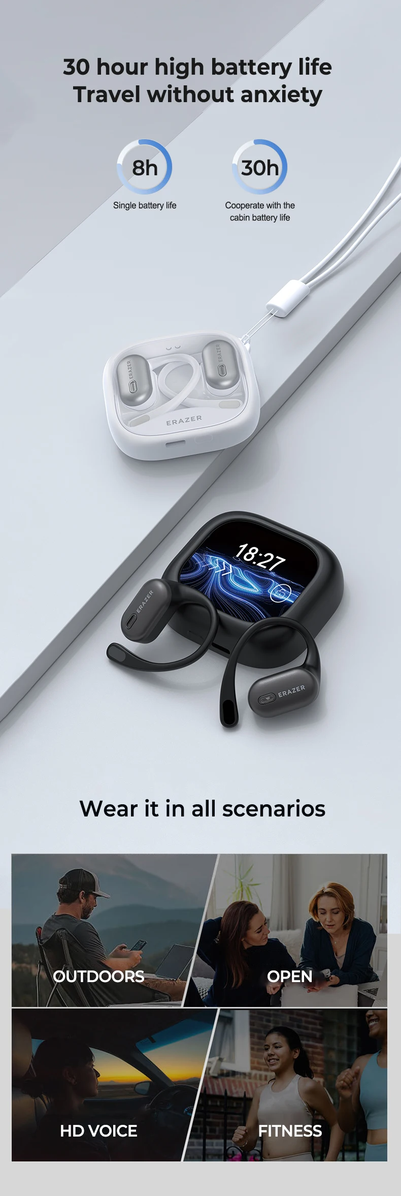 ERAZER XF38 Open-Ear Ear-Hook Kabellose Bluetooth-Ohrhörer OWS Air Conduction Kopfhörer ENC Geräuschunterdrückung HiFi Stereo IPX5 – Detail 9