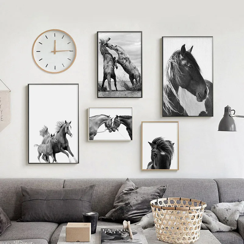 Abstract Black White Horse Canvas Paintings Modern Minimalist Animal Prints and Posters Wall Art Pictures for Living Room Decor