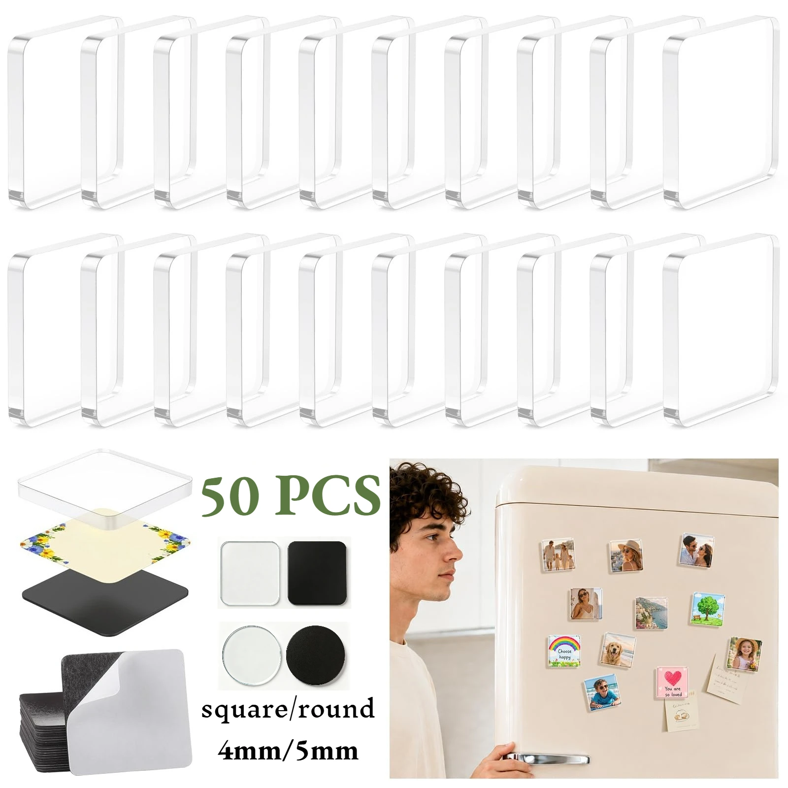 50 PCS DIY Clear Acrylic Fridge Magnet with Adhesive Backing Square/Round Refrigerator Magnets Magnetic Photo Frames Decor
