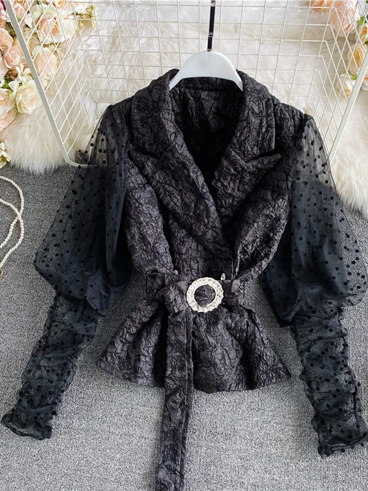 

Spring Fashion Blouse Korean Temperament Suit Collar Mesh Bubble Long-Sleeved Doll Short Waist Shirt Top UK424