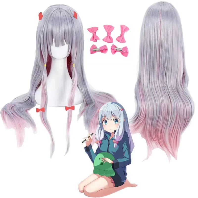 Anime Eromanga Sensei Cosplay Wigs Izumi Sagiri Kawaii Girls Lolita Long Gray Pink Wig With Five Bows For New Year Party