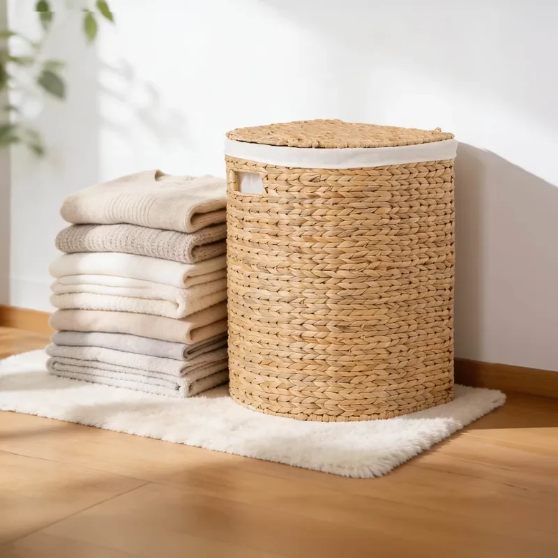 Ludmila Semi Oval Laundry Basket 16.9x13.8x20.5cm Water Hyacinth Woven Storage Bin for Bathroom Bedroom Clothes Organizer