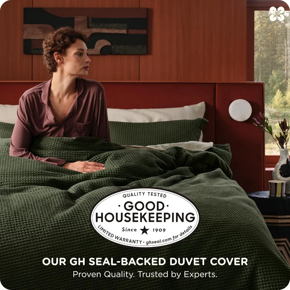 غطاء لحاف من القطن من Bedsure كامل - مجموعة غطاء لحاف من القطن بنسبة 100% من نسيج الوافل باللون الأخضر الزيتوني، GentleSoft ™ ومجموعة الفراش تنفس f #2