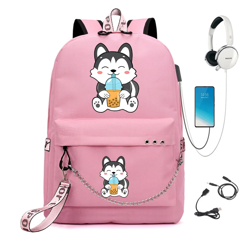 Neuer Trend Teenager Schule Schultern Rucksack Tasche Chibi Kawaii Husky Schüler Schult asche Kinder Anime Cartoon Bagpack USB-Tasche