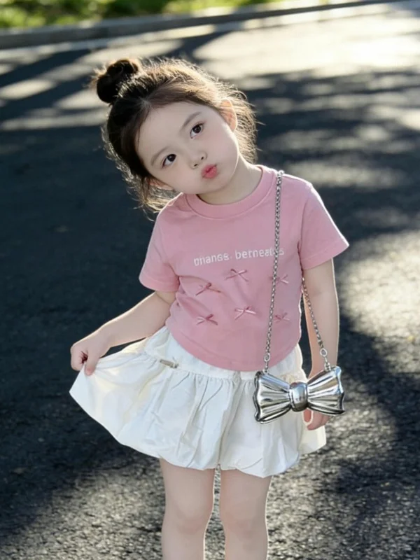 

Cute Girl's Spring Knot Short Sleeve T-shirt Skirt Set Korean Style Two-Piece Breathable Comfortable Fashionable