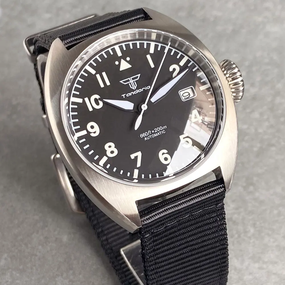 Tandorio 40mm Men Wristwatch Black Dial NH35A Movement Screw Crown Solid Back Double Bow Glass Nylon Strap Brush Date