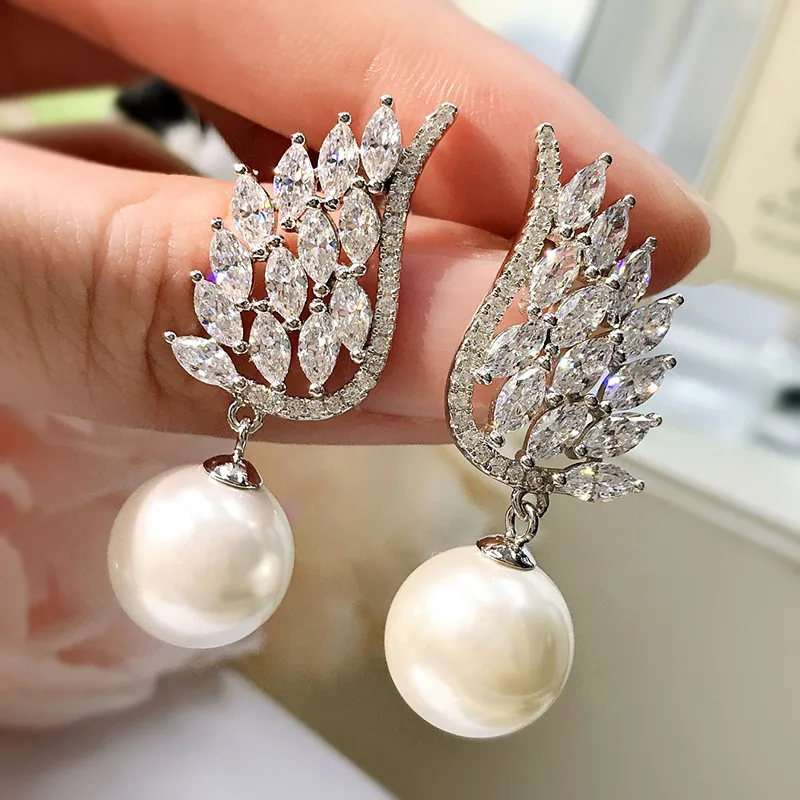 

Angle Wings Pearl Diamond Dangle Earring 100% Real 925 sterling silver Jewelry Wedding Drop Earrings for Women Promise Jewelry