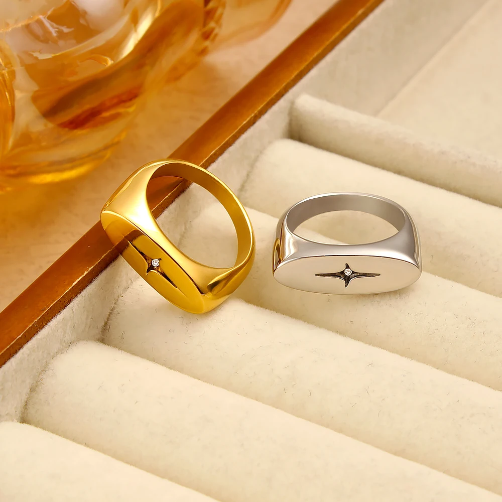 Fashion Star Signet Rings Gold Steel Color Stainless Steel Metal Rings Oval Shape Inlay Zircon Size 6/7/8 Rings For Unsex