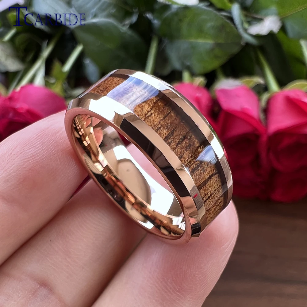 8mm Koa Wood Ring Men Women Tungsten Wedding Band Beveled Polished Finish Excellent Quality Classic Gift Jewelry